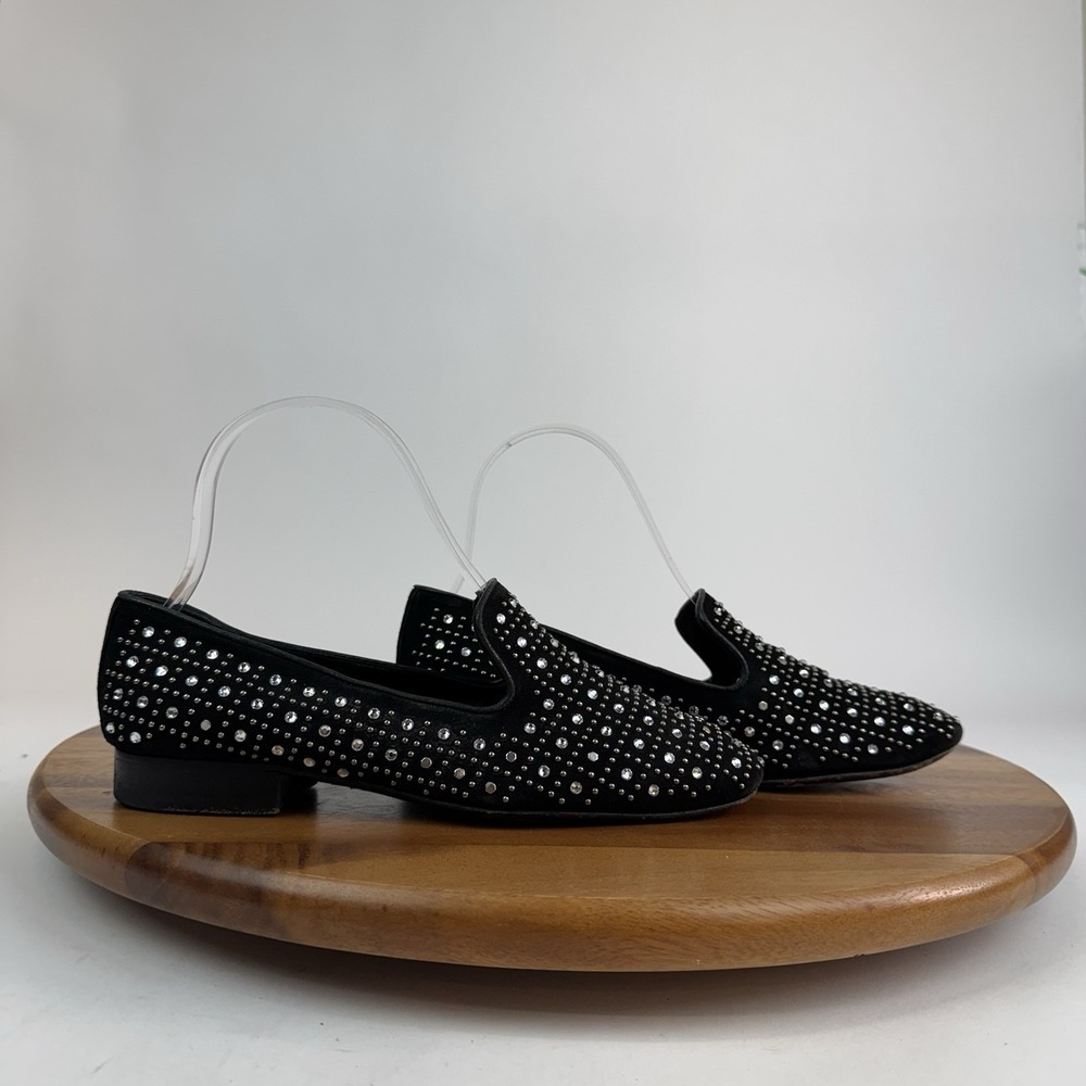 Womens Church's Black Suede Slip On Rhinestone Studded Loafers Shoes Size 6 M